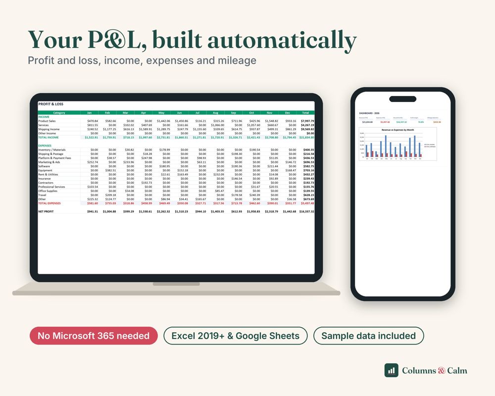 Small Business Bookkeeping: Your P&L, built automatically — spreadsheet shown on a laptop and a phone